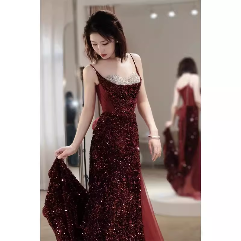 Sexy Mermaid Spaghetti Straps Sequin Burgundy Long Prom Dresses