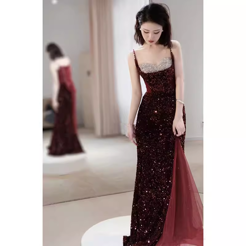 Sexy Mermaid Spaghetti Straps Sequin Burgundy Long Prom Dresses