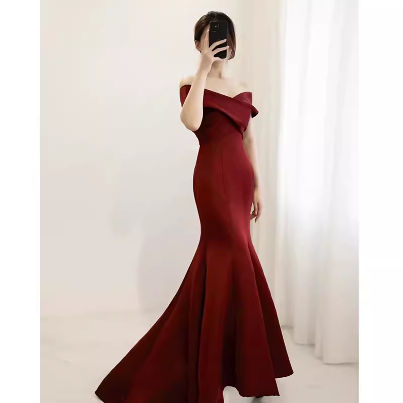 Sexy Mermaid Off The Shoulder Satin Burgundy Long Prom Dresses With Bowknot