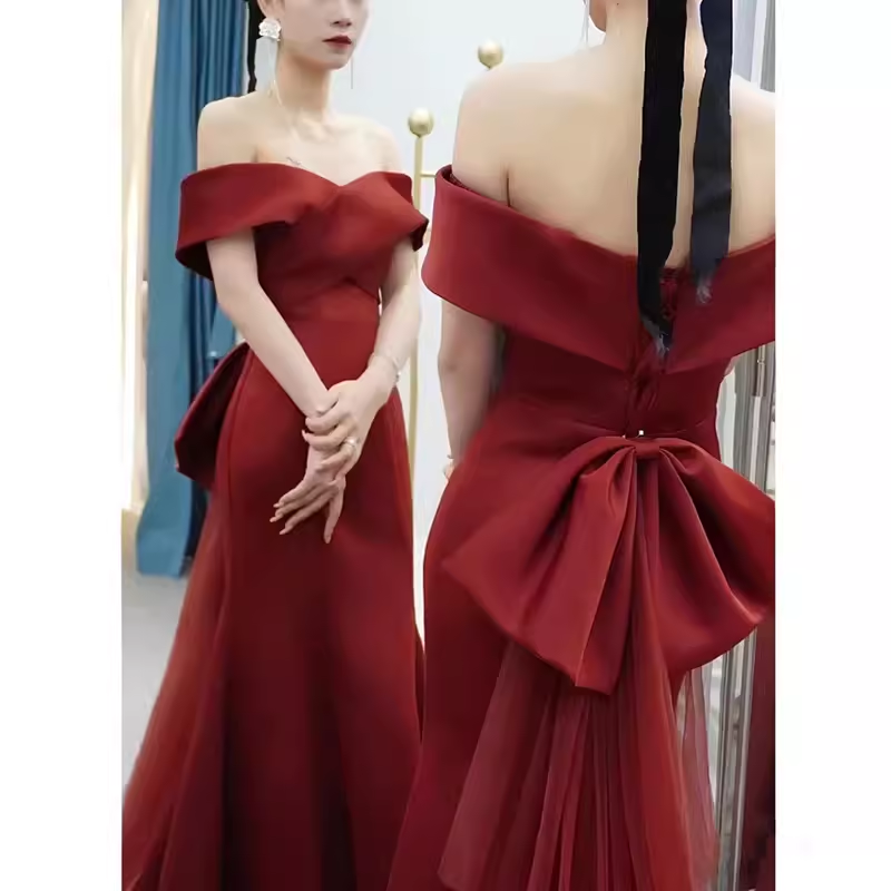 Sexy Mermaid Off The Shoulder Satin Burgundy Long Prom Dresses With Bowknot