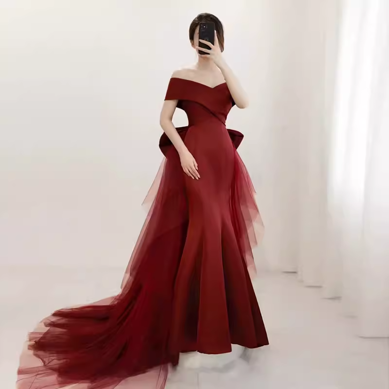Sexy Mermaid Off The Shoulder Satin Burgundy Long Prom Dresses With Bowknot