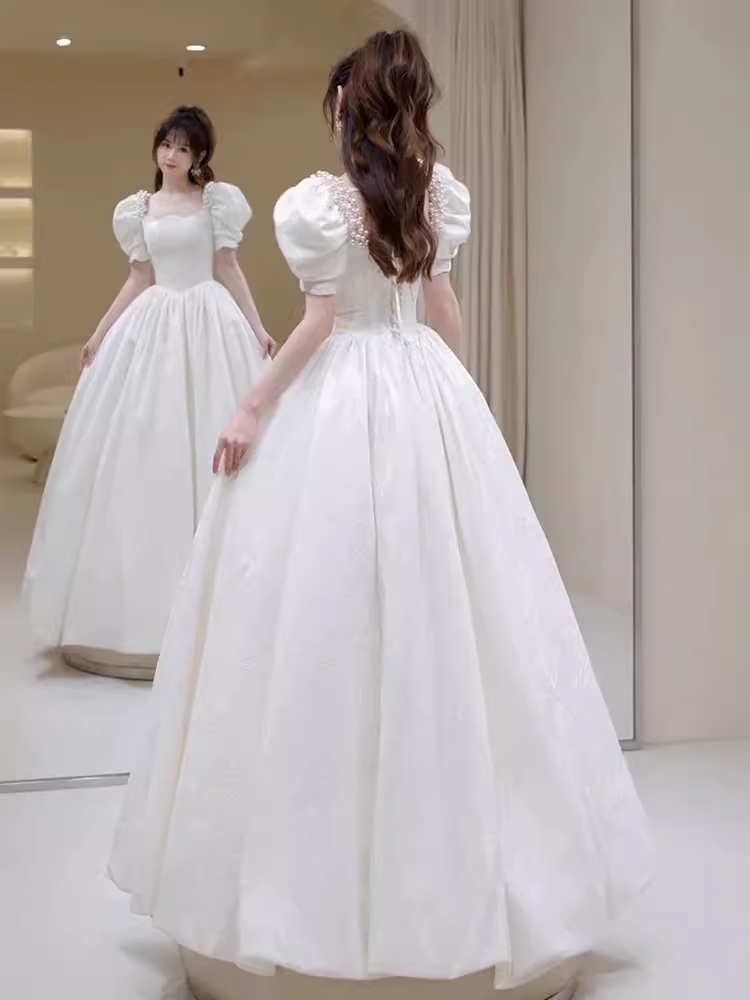 Fairytale A Line Short Sleeves Lace White Long Wedding Dresses