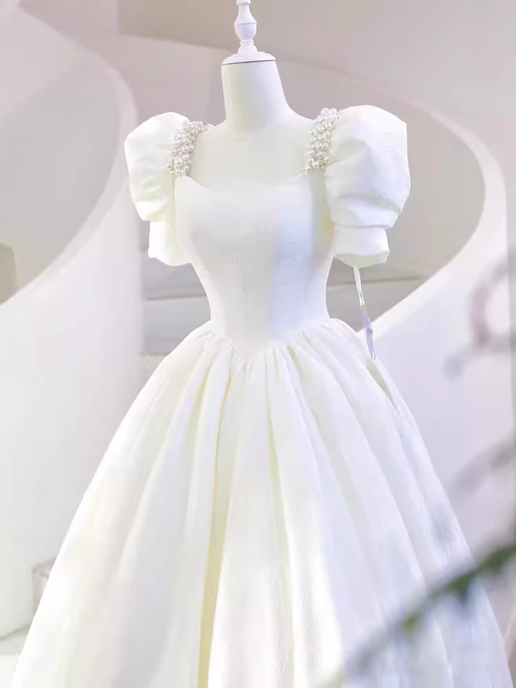 Fairytale A Line Short Sleeves Lace White Long Wedding Dresses