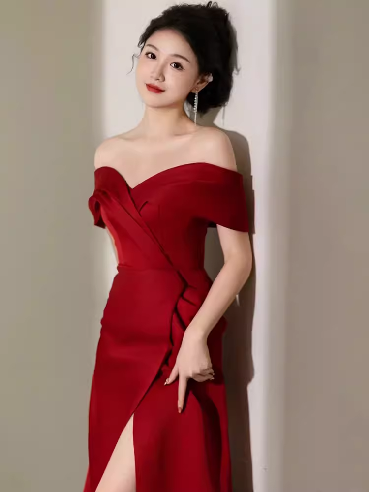 Sexy Mermaid Off The Shoulder Short Sleeves Satin Burgundy Prom Dresses
