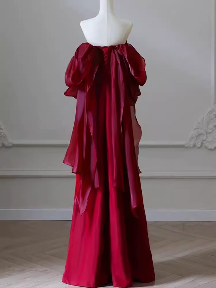 Sexy Mermaid Off The Shoulder Short Sleeves Satin Burgundy Prom Dress