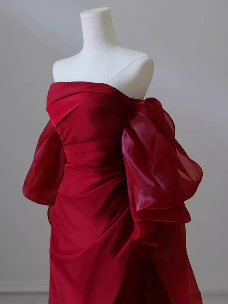 Sexy Mermaid Off The Shoulder Short Sleeves Satin Burgundy Prom Dress