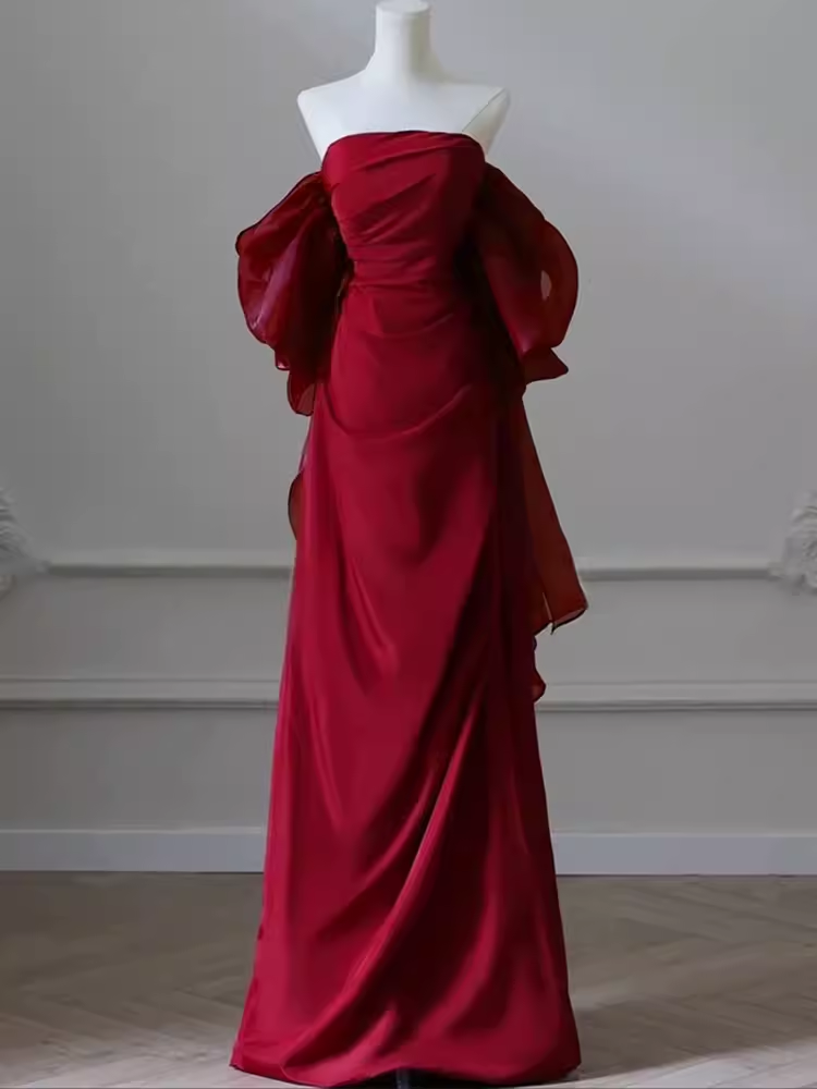 Sexy Mermaid Off The Shoulder Short Sleeves Satin Burgundy Prom Dress