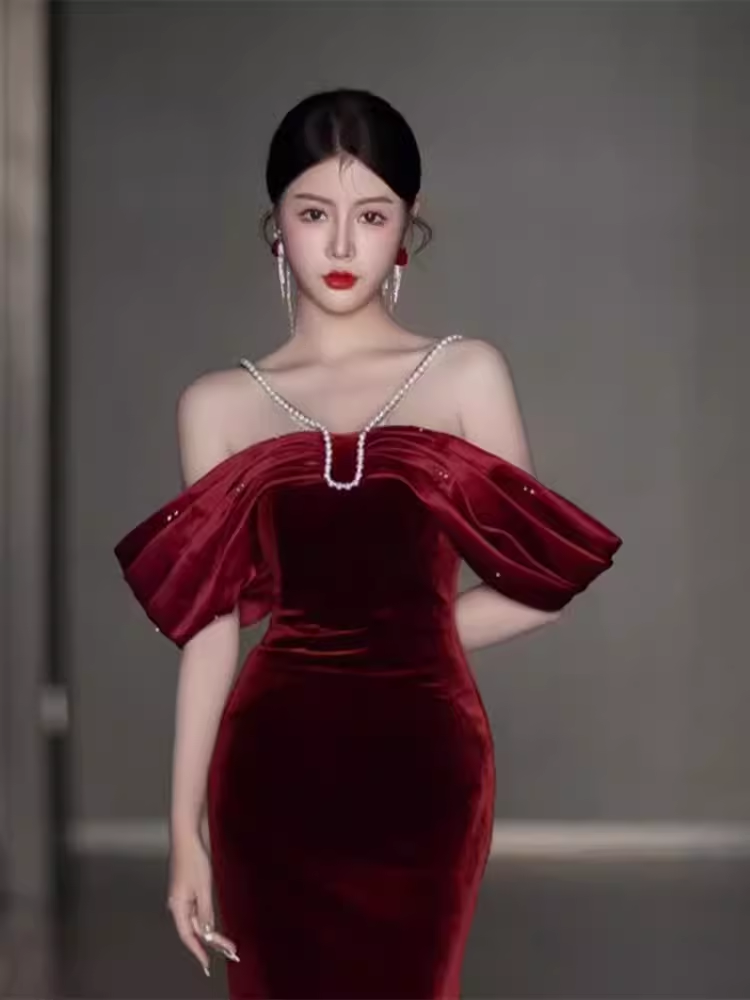 Sexy Mermaid Off The Shoulder Short Sleeves Velvet Burgundy Prom Dress