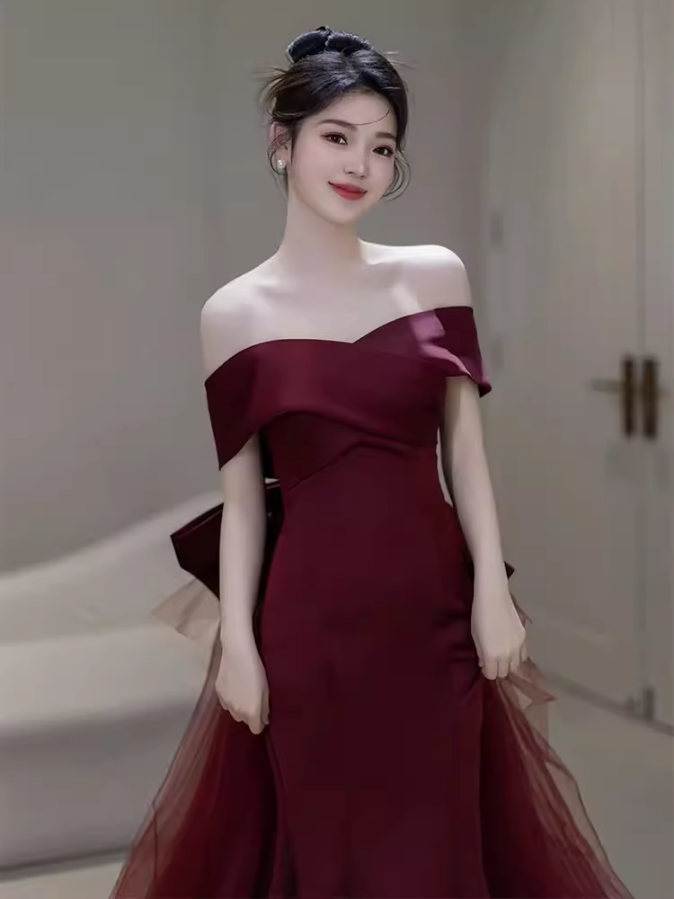 Sexy Mermaid Off The Shoulder Short Sleeves Burgundy Prom Dress Satin Birthday Outfits