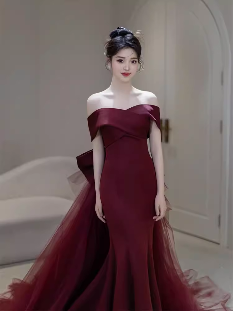 Sexy Mermaid Off The Shoulder Short Sleeves Burgundy Prom Dress Satin Birthday Outfits