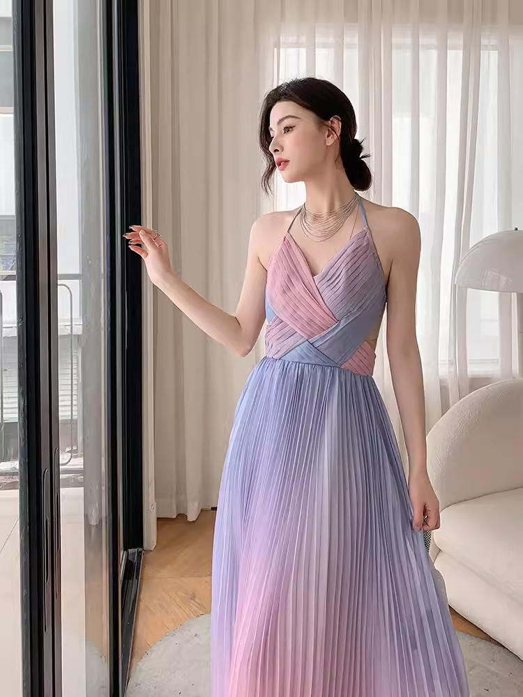 Vintage Mermaid Halter Sleeveless Ombre Pink Long Prom Dresses C85