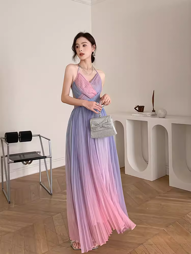 Vintage Mermaid Halter Sleeveless Ombre Pink Long Prom Dresses C85