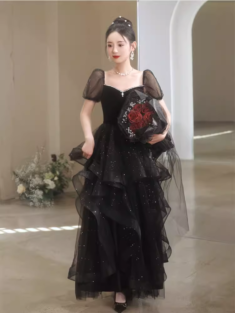 Sexy A Line Short Sleeves Black Prom Dress Tulle Birthday Outfits