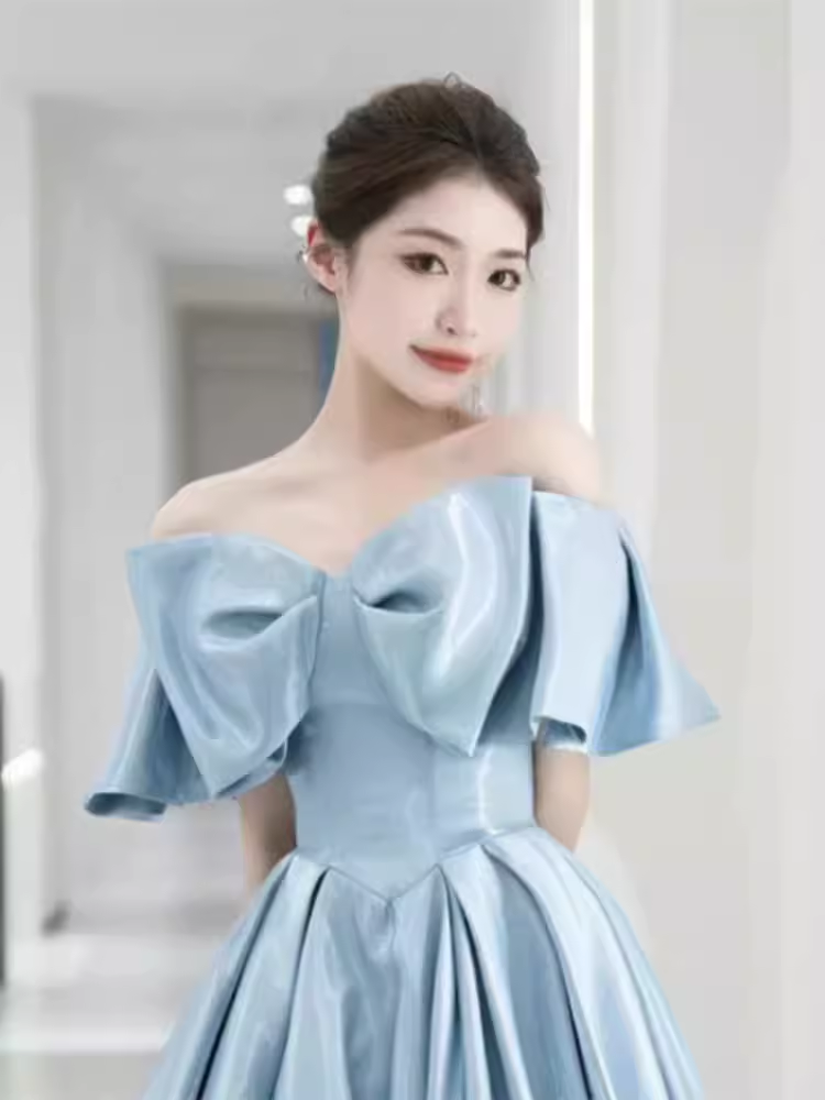 Modest A line Off The Shoulder Satin Light Sky Blue Prom Dress Long Evening Dress