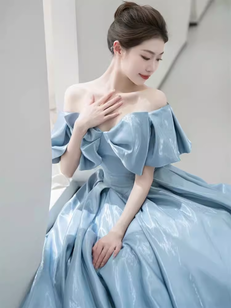 Modest A line Off The Shoulder Satin Light Sky Blue Prom Dress Long Evening Dress