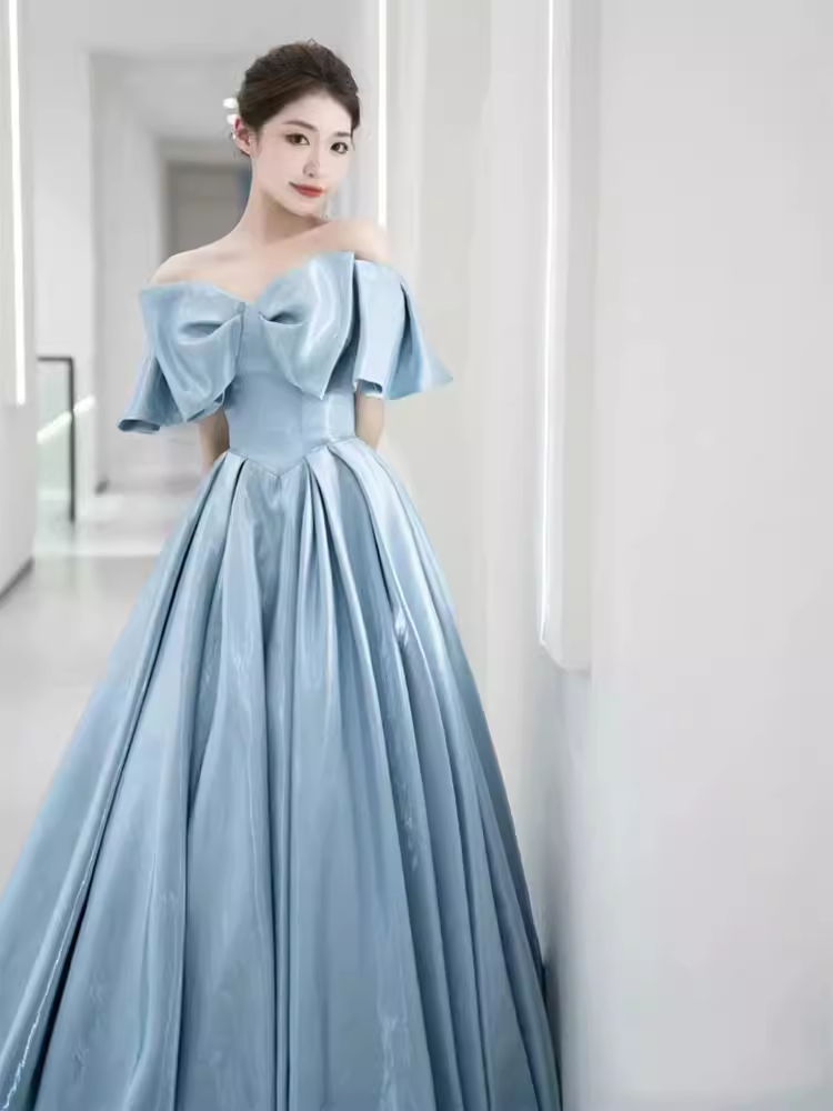 Modest A line Off The Shoulder Satin Light Sky Blue Prom Dress Long Evening Dress