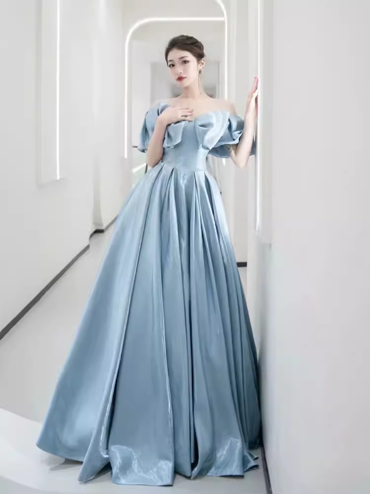 Modest A line Off The Shoulder Satin Light Sky Blue Prom Dress Long Evening Dress