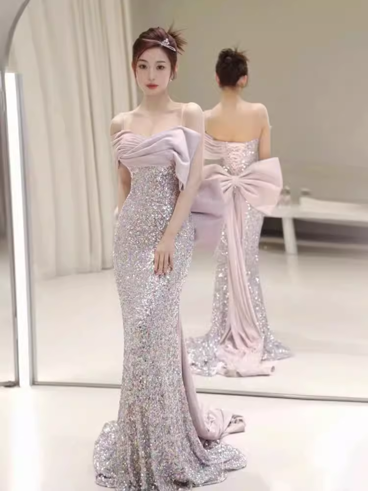 Modest Memaid Off The Shoulder Satin Sequin Prom Dress Long Evening Dress