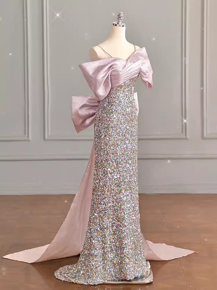 Modest Memaid Off The Shoulder Satin Sequin Prom Dress Long Evening Dress