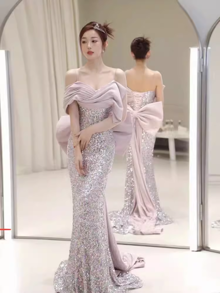 Modest Memaid Off The Shoulder Satin Sequin Prom Dress Long Evening Dress
