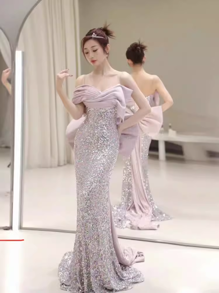 Modest Memaid Off The Shoulder Satin Sequin Prom Dress Long Evening Dress