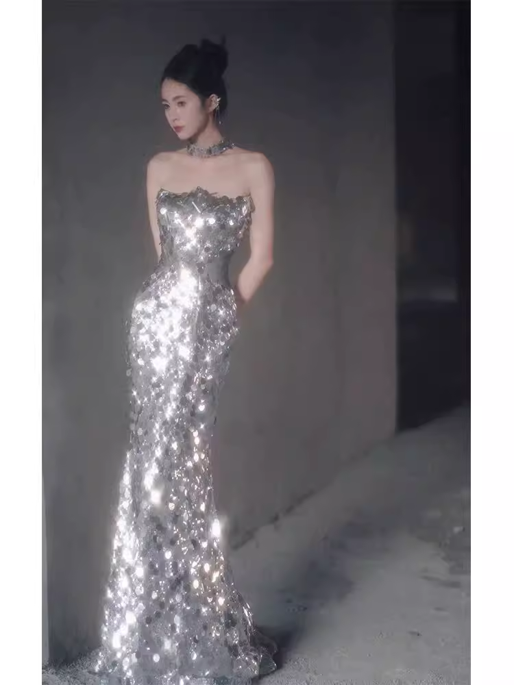 Shiny Memaid Strapless Sequin Prom Dress Long Silver Evening Dress