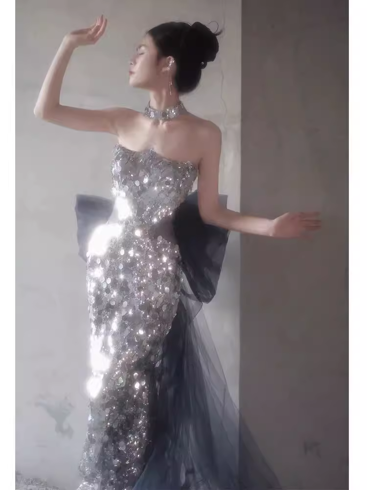 Shiny Memaid Strapless Sequin Prom Dress Long Silver Evening Dress