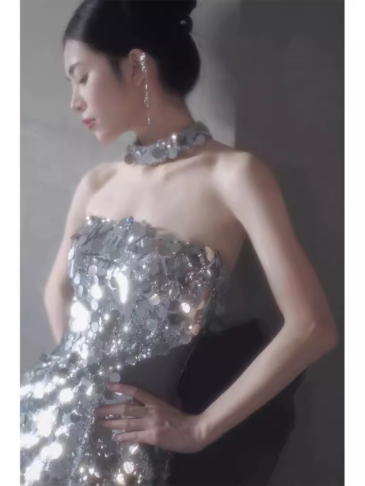 Shiny Memaid Strapless Sequin Prom Dress Long Silver Evening Dress