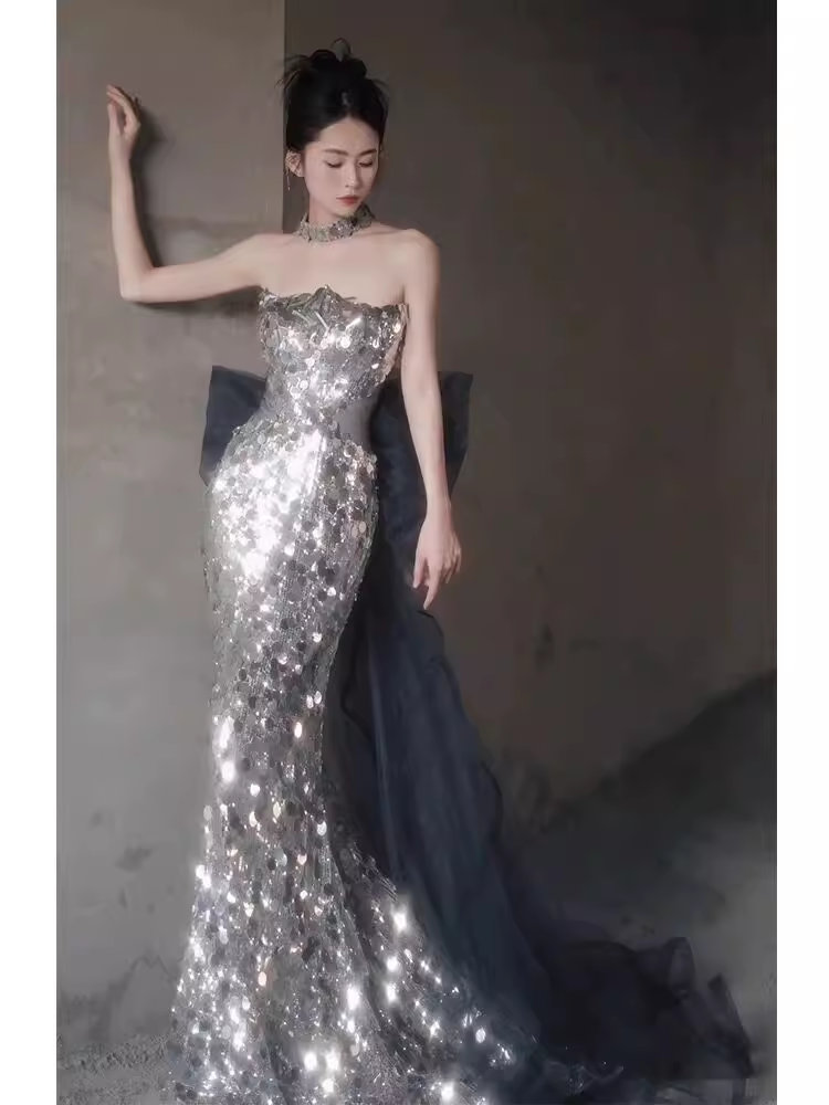 Shiny Memaid Strapless Sequin Prom Dress Long Silver Evening Dress