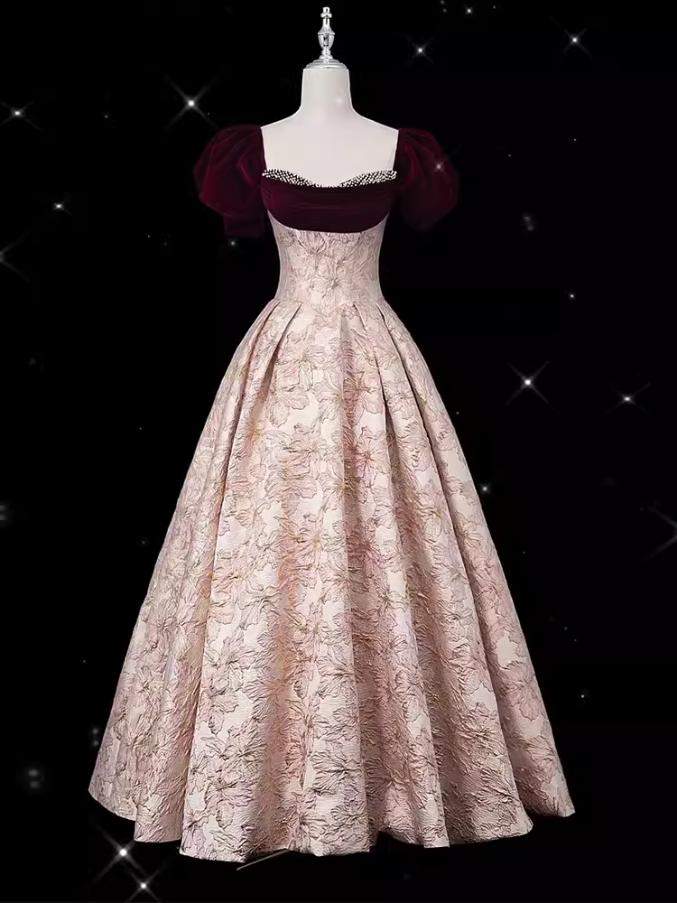 Vintage Ball Gown Strapless Velvet Burgundy Prom Dress Long Pink Evening Dress