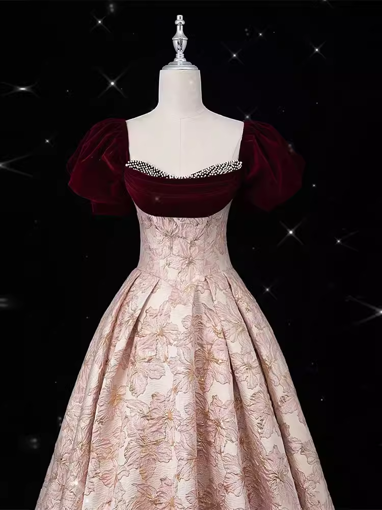 Vintage Ball Gown Strapless Velvet Burgundy Prom Dress Long Pink Evening Dress