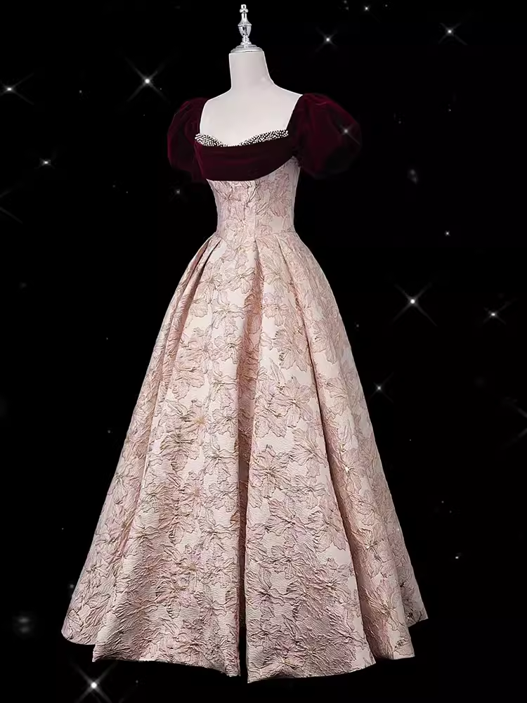 Vintage Ball Gown Strapless Velvet Burgundy Prom Dress Long Pink Evening Dress