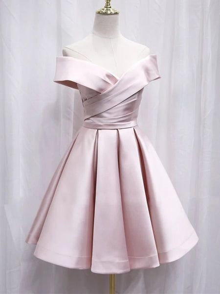 Simple Off Shoulder Pink Satin Short Homecoming Dress
