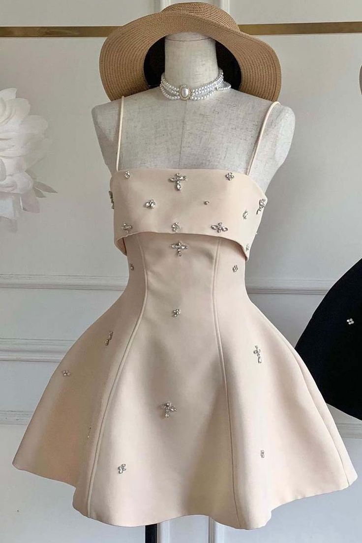 Simple Spaghetti Straps Sleeveless Beaded Satin A-Line Mini Homecoming Dress