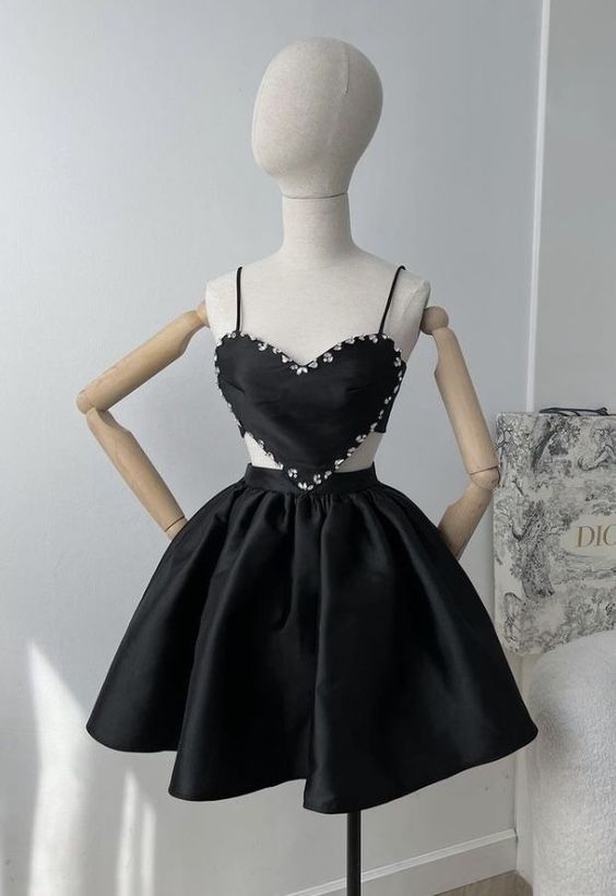 Simple Spaghetti Straps Sleeveless Beaded Satin A-Line Mini Homecoming Dress