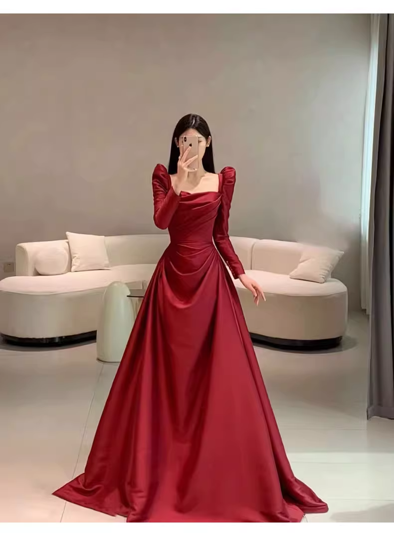 Simple Mermaid Long Sleeves Red Long Prom Dresses C88