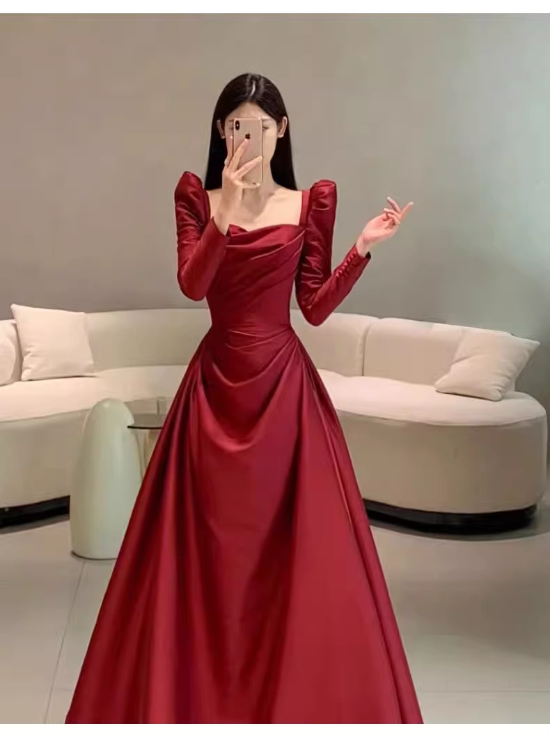 Simple Mermaid Long Sleeves Red Long Prom Dresses C88