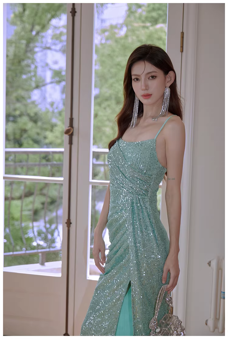 Sparkly Spaghetti Straps Mint Green Sequin Mermaid High Slit Long Prom Dress Evening Dress