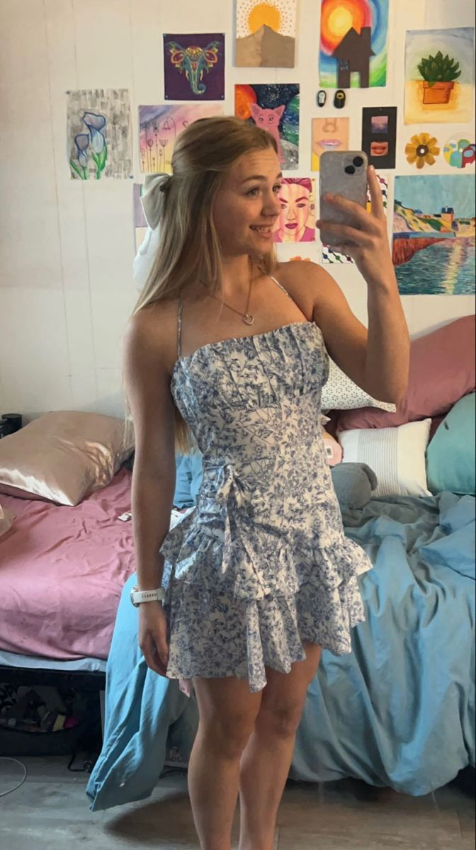Classy Halter Blue Print Floral Ruffle Short Party Dress Formal Homecoming Dress Birthday Outfits