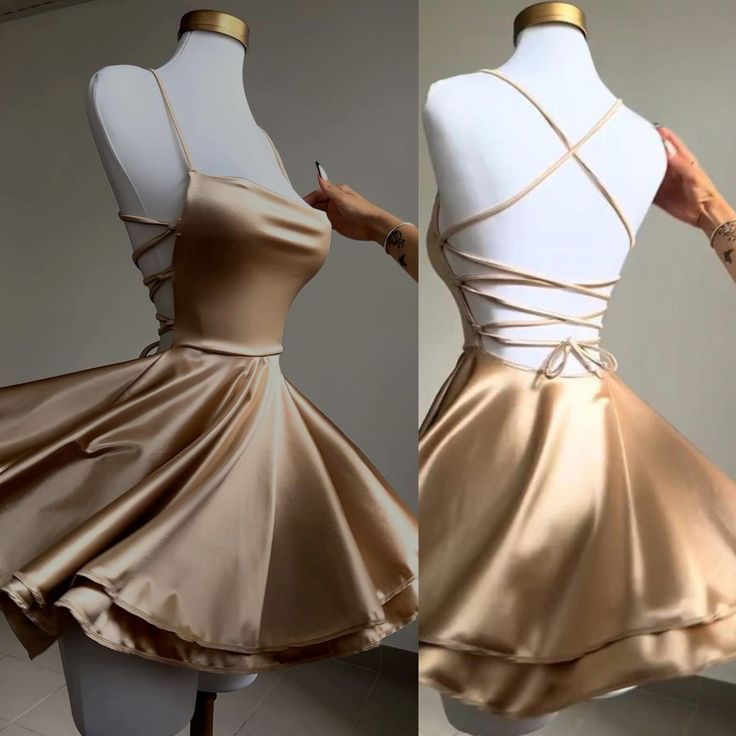 Vintage A line Straps Gold Backless Birthday Outfits Satin Homecoming Dress