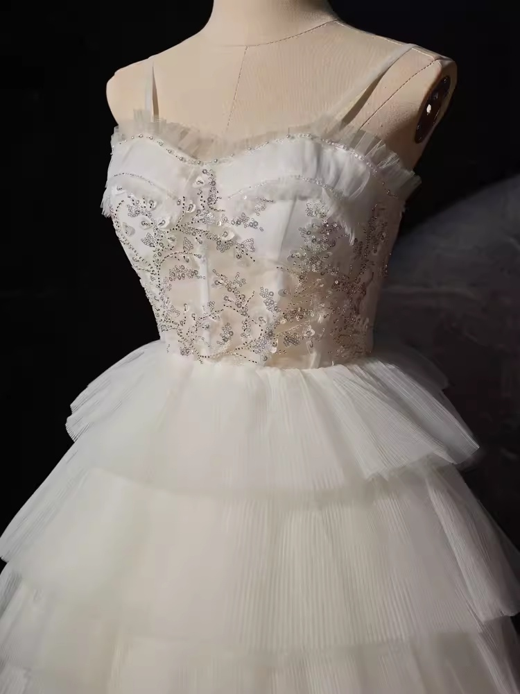 Sexy High Low Straps Sleeveless White Tulle Long Prom Dress