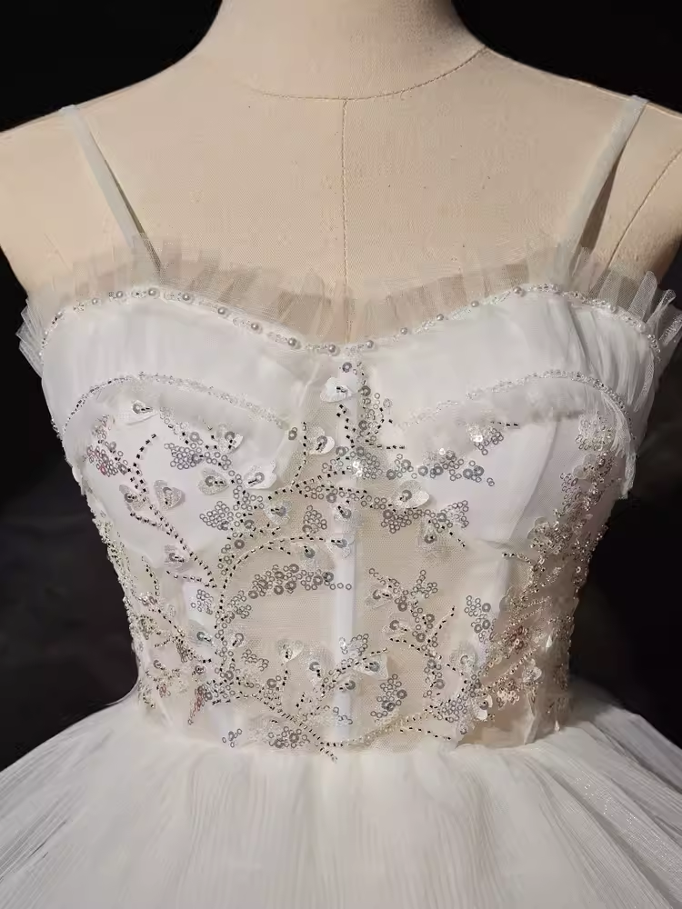 Sexy High Low Straps Sleeveless White Tulle Long Prom Dress