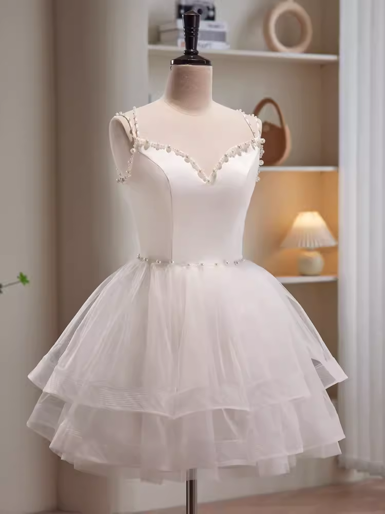 Modest Ball Gown Straps White Tulle Birthday Outfits Homecoming Dress