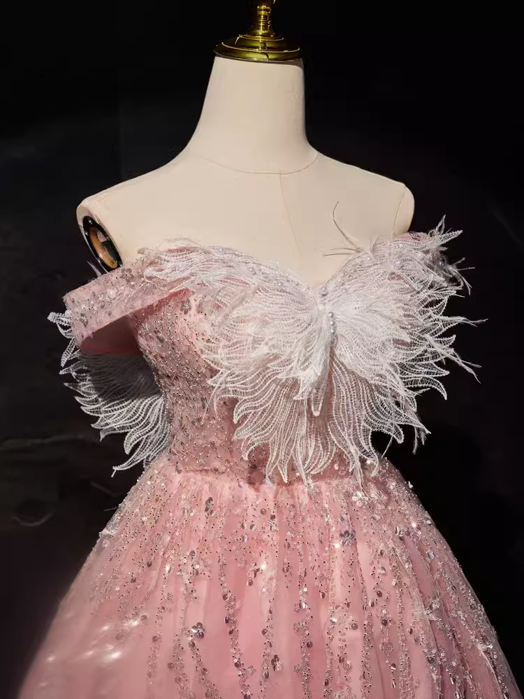 Modest Ball Gown Off The Shoulder Pink Tulle Birthday Outfits Homecoming Dress