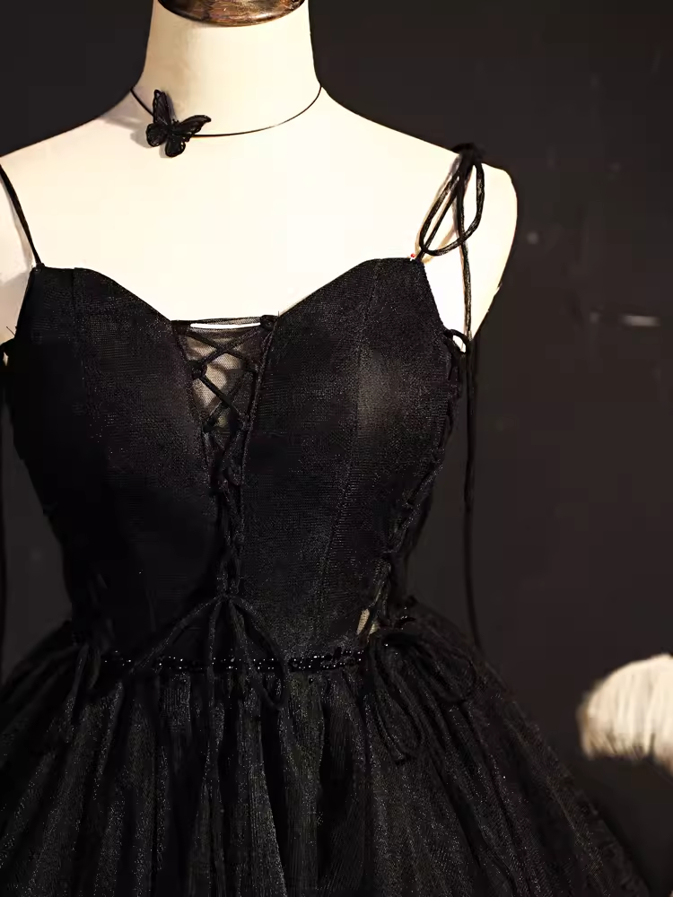 Modest Ball Gown Spaghetti Straps Black Tulle Birthday Outfits Homecoming Dress