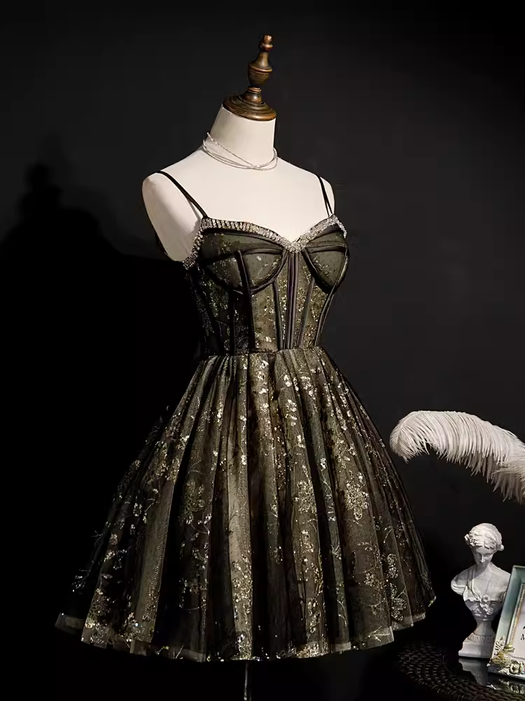 Modest Ball Gown Spaghetti Straps Black Tulle Birthday Outfit Homecoming Dress
