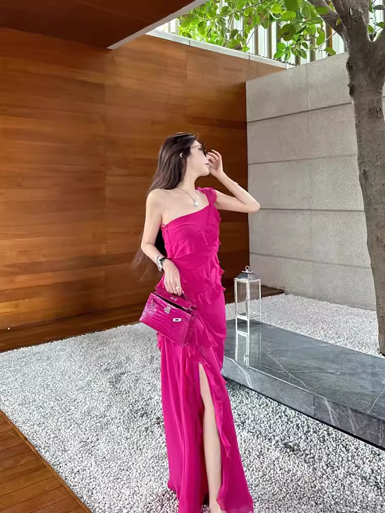 Sexy Sheath One Shoulder Slit Chiffon Long Prom Dress With Ruffles
