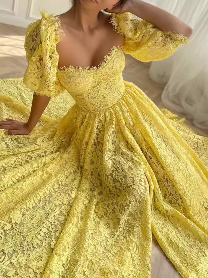 Sexy A Line Square Neckline Lace Yellow Long Prom Dresses