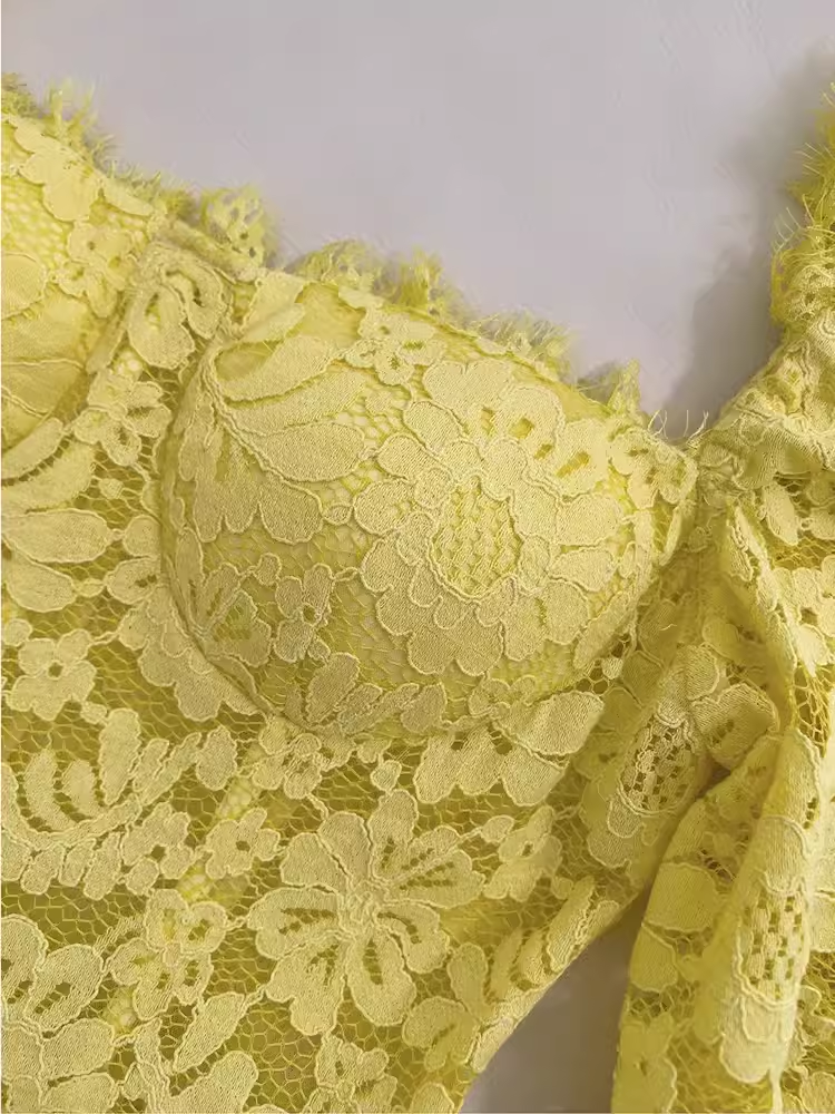 Sexy A Line Square Neckline Lace Yellow Long Prom Dresses