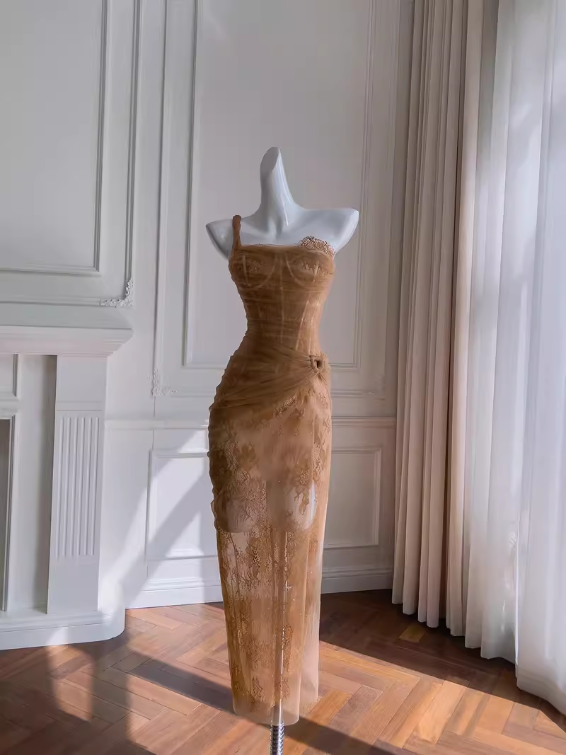 Sexy Sheath One Shoulder Tulle Lace Champagne Birthday Outfit Homecoming Dresses